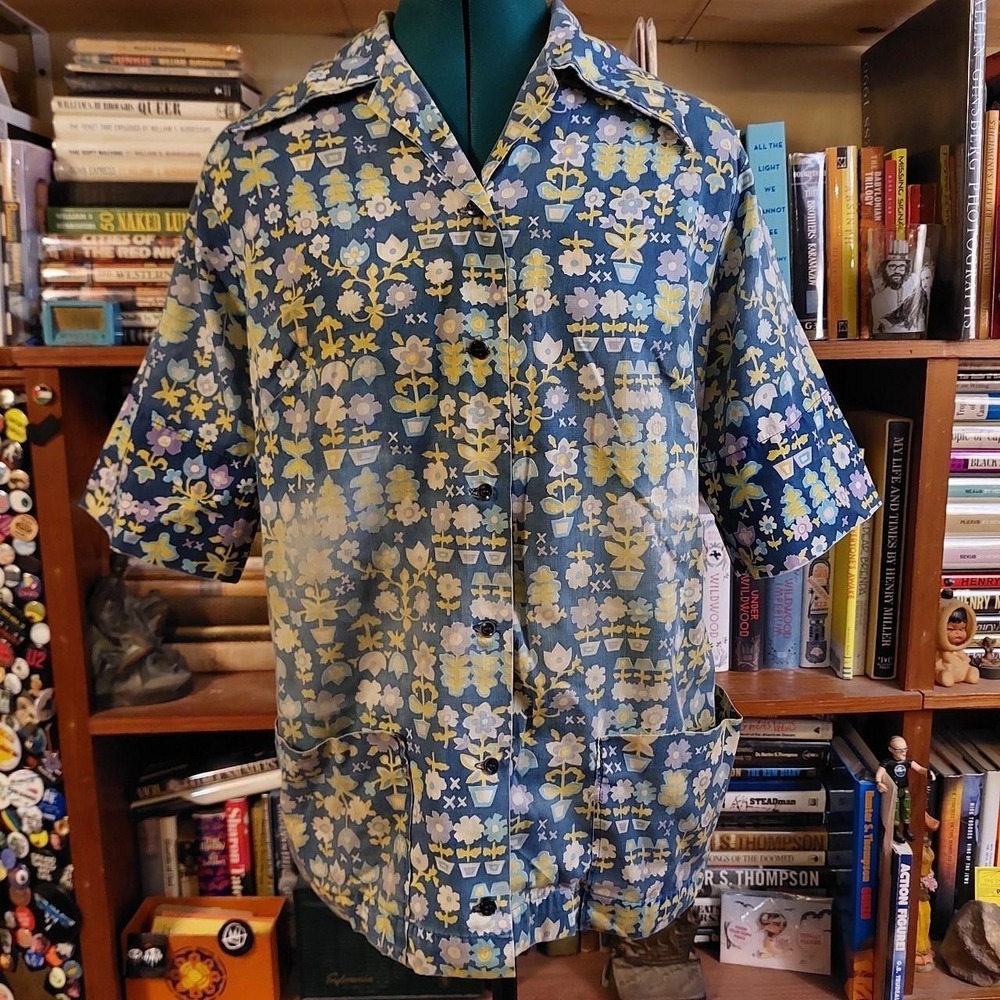 Vintage 70s‎ Sportsfan Floral Button Up Shirt Blue Yellow Short Sleeve Size 36